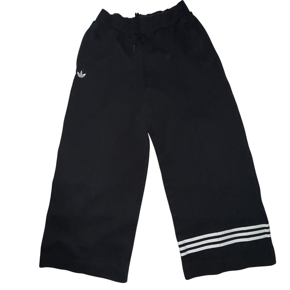Adidas Wide Leg Track Pants XL Black Cropped Culottes 3 Stripe Streetwear Sporty
